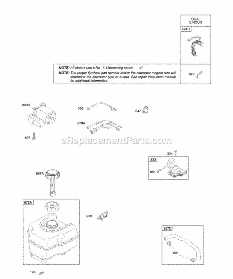 Alternator Electric Starter Fuel Supply Ignition Diagram and Parts List for 21X314-0110-E1  Briggs and Stratton Engine